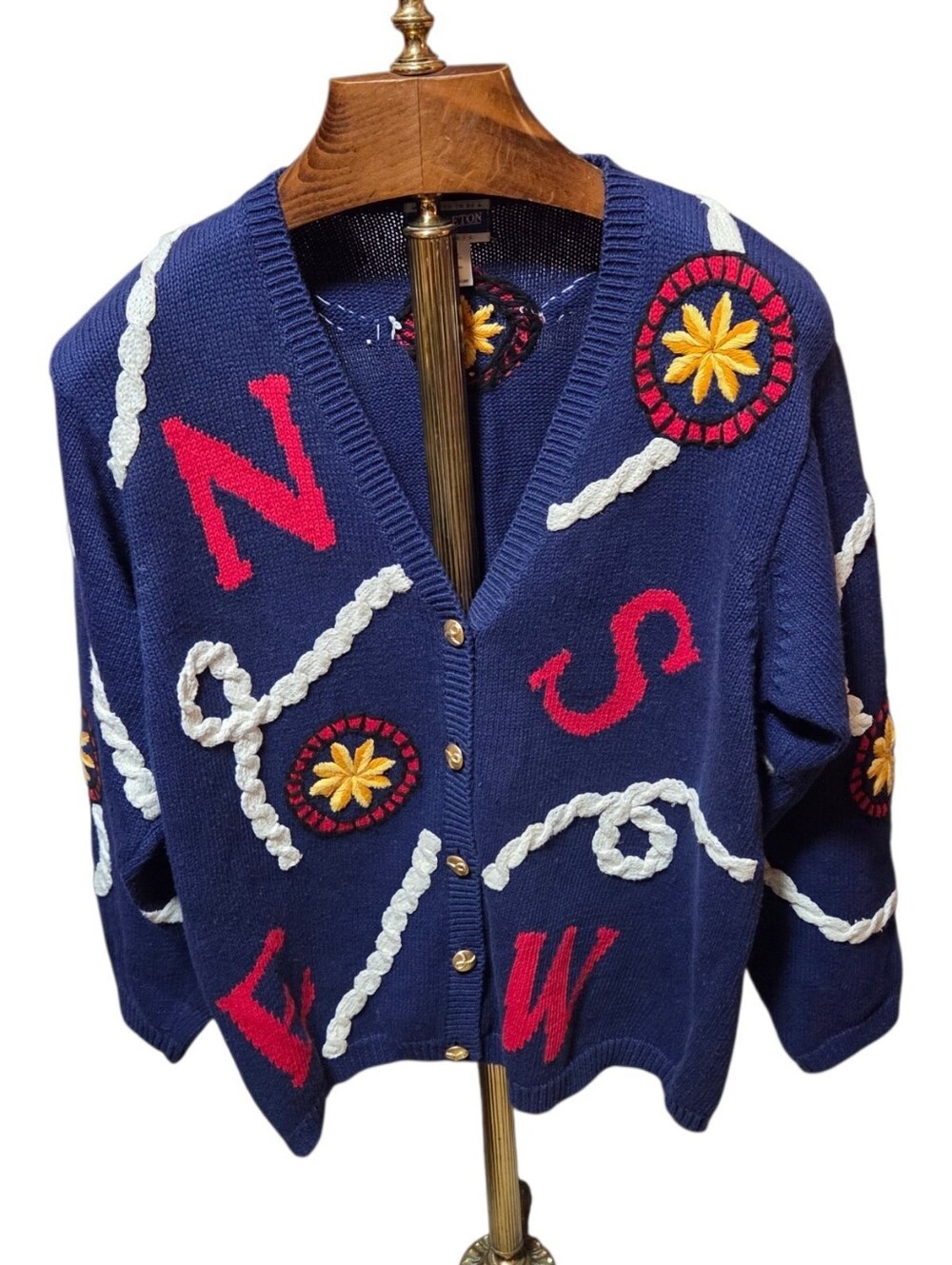 Vintage Pendleton Nautical Embroidered Knit Sweater Cardigan Gold Buttons Large
